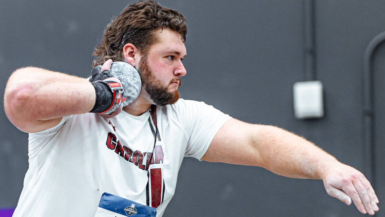 Logan Montgomery set to throw the shot put at the 2026 NCAA Indoor Championships in Fayetteville, Arkansas