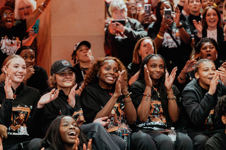 Players react with a cheer when South Carolina's bracket is revealed in the NCAA Tournament Selection Show.