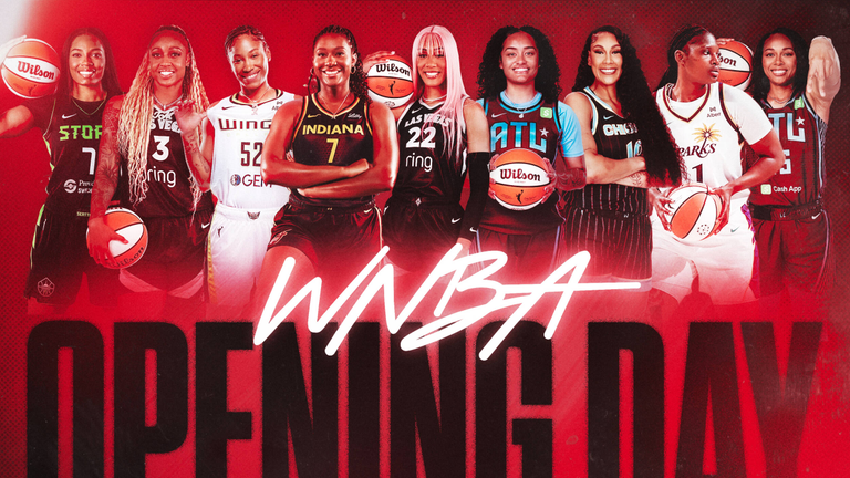 2025 WNBA Opening Day roster graphic - Zia Cooke, Tiffany Mitchell, Tyasha HArris, Aliyah Boston, A'ja WIlson, Te-Hina Paopao, Kamilla Cardoso, Sania Feagin, Allisha Gray