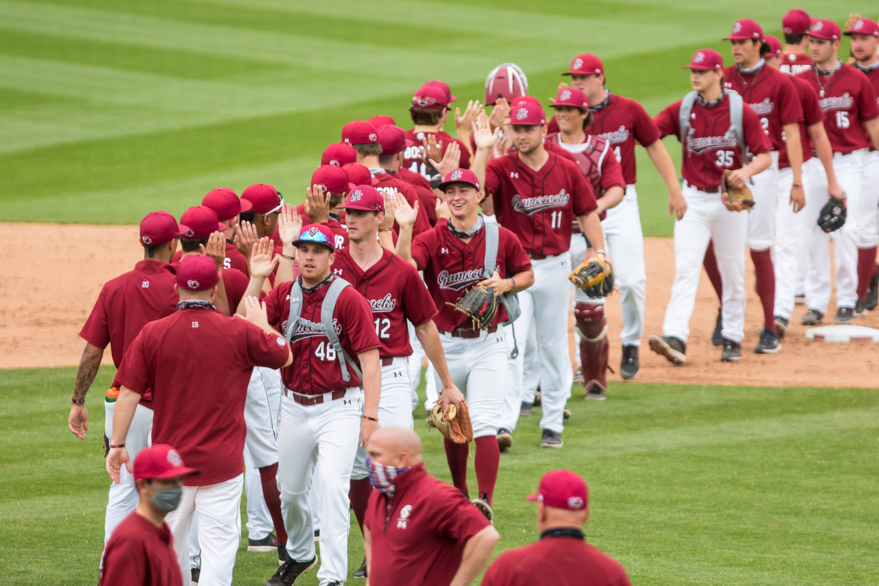 South Carolina Gamecocks players celebrate a sweep of the Florida Gators.