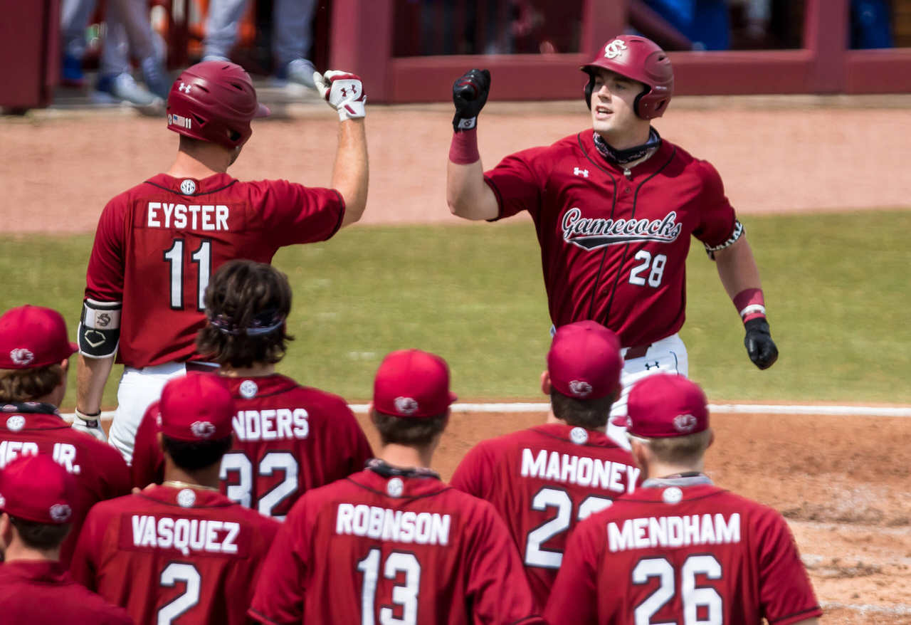 South Carolina Gamecocks catcher Wes Clarke (28) celebrates a solo home run in the second inning against the Florida Gators.