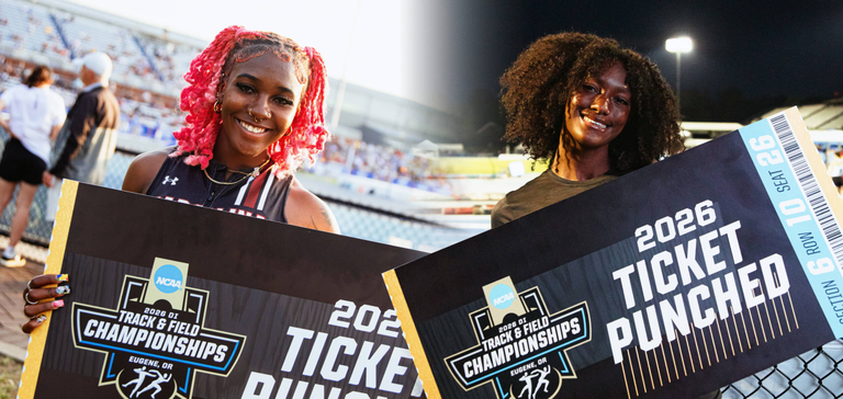 Split photo with Tristen Harris and Jathiyah Muhammad with their "ticket punched" signs at the NCAA East Regional.
