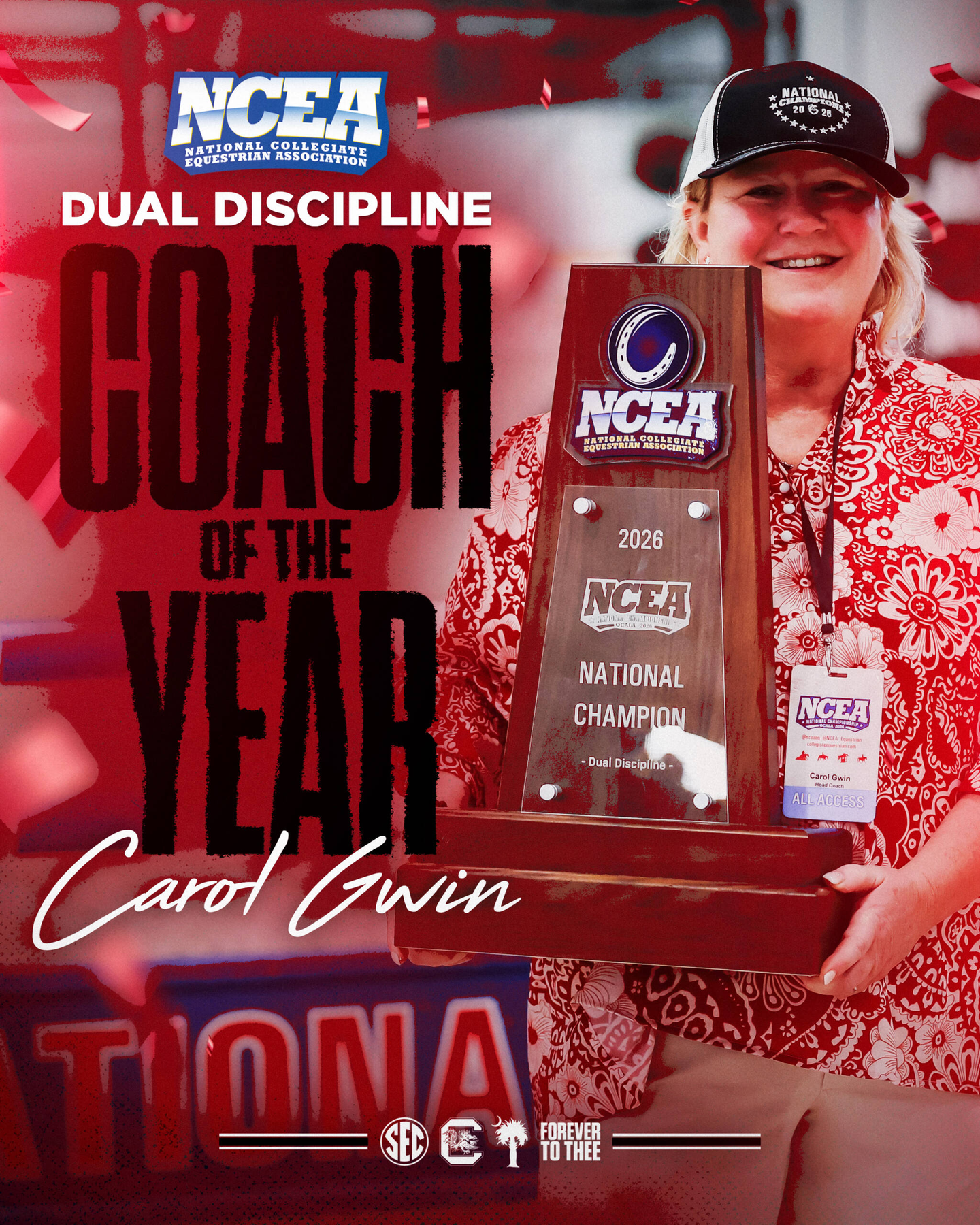 Graphic announcing Carol Gwin as the NCEA Coach of the Year