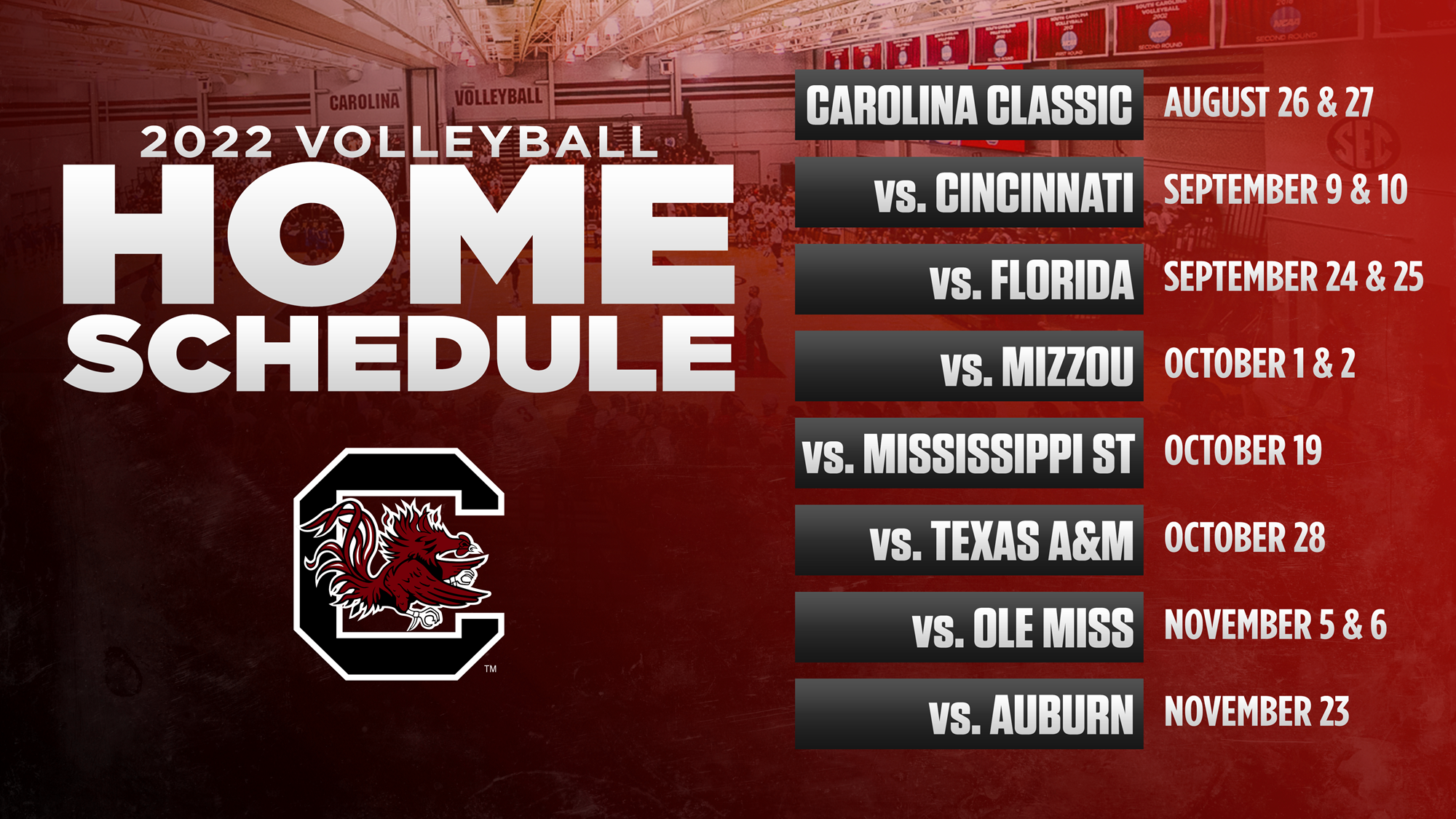 South Carolina Volleyball Announces 2022 Home Schedule