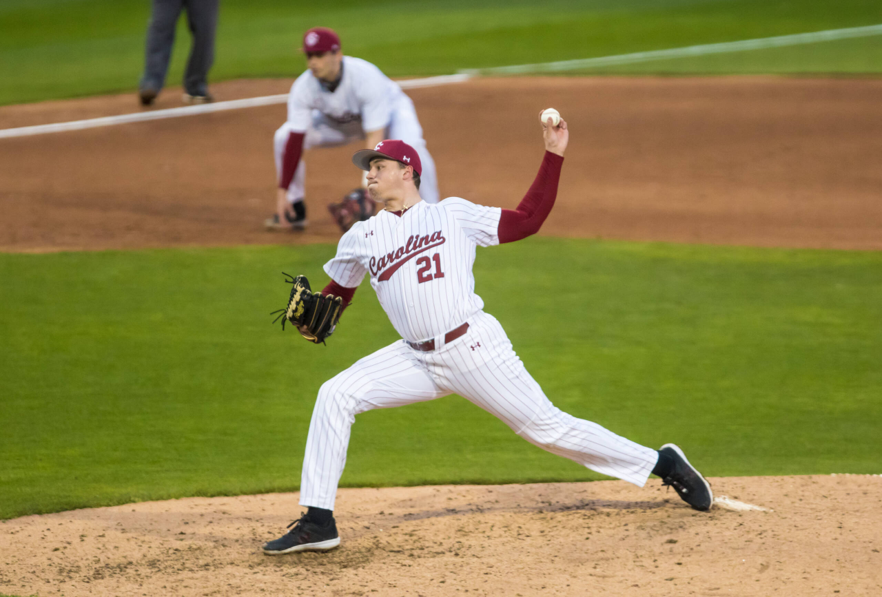 South Carolina Gamecocks Magdiel Cotto (21) pitches against the Dayton Flyers.

South Carolina vs. Dayton Baseball, Feb. 19, 2021, Founders Park, Columbia, SC.

Photo by Jeff Blake
