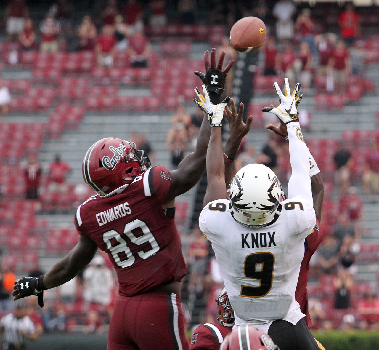 South Carolina's Bryan Edwards breaks up a pass intended for Missouri's Jalen Knox on the last play of the game in Columbia, S.C. on Saturday, Oct. 6, 2018. (Travis Bell/SIDELINE CAROLINA)