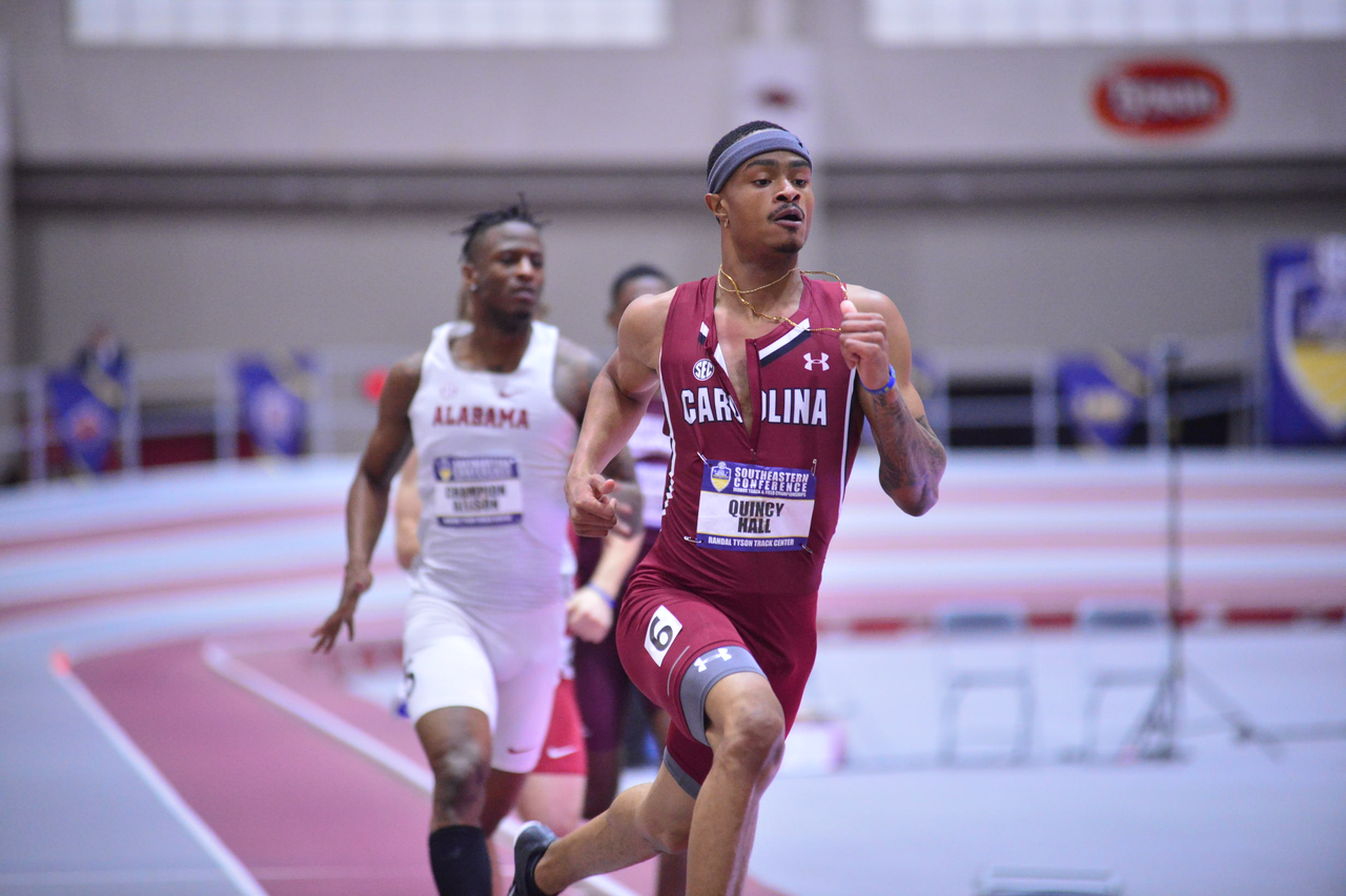 Quincy Hall in action at the SEC Championships | Feb. 22-23 | Photo by Gunnar Rathbun