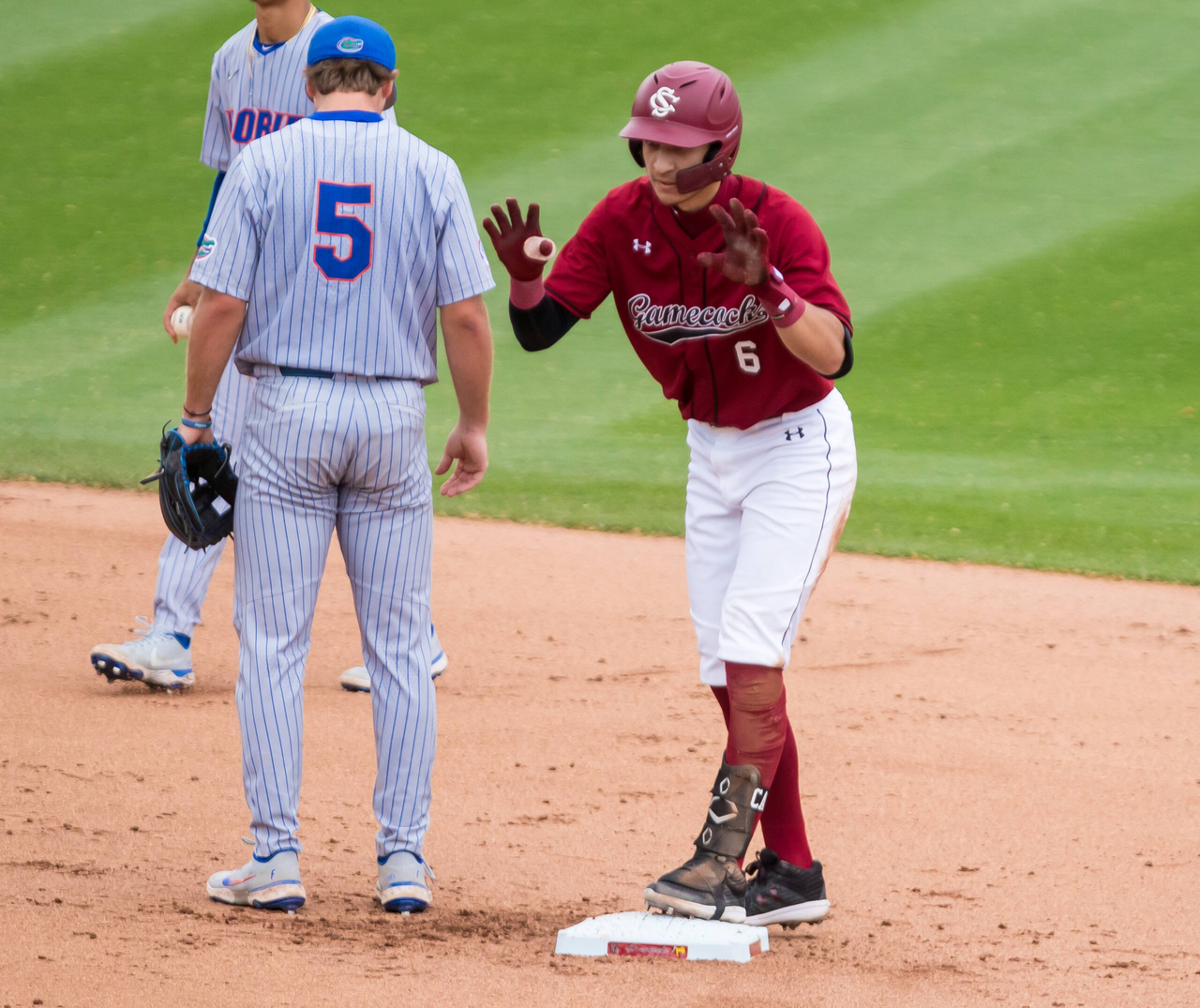 South Carolina Gamecocks shortstop George Callil (6) celebrates an RBI double against the Florida Gators.