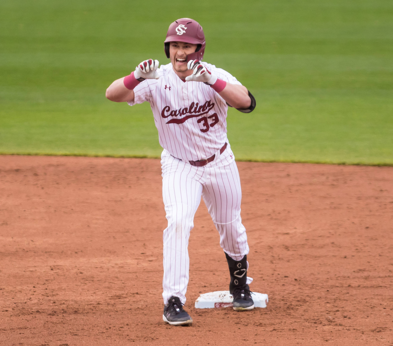 South Carolina Gamecocks outfielder Brady Allen (33) celebrates a double during the fourth inning.

South Carolina vs. Dayton Baseball, Feb. 19, 2021, Founders Park, Columbia, SC.

Photo by Jeff Blake