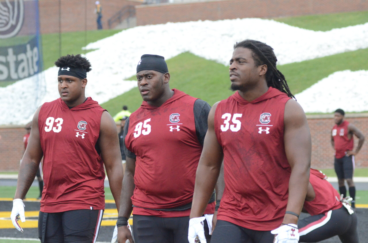 Joseph Anderson (93), Kobe Smith (95) and Daniel Fennell (35) at Missouri (Sept. 21, 2019)