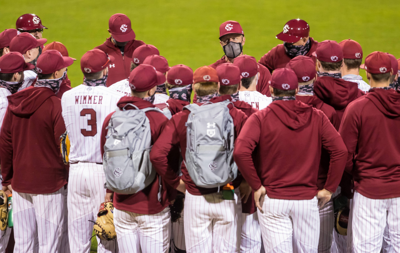 South Carolina Gamecocks head coach Mark Kingston speaks to his players following their win over the Dayton Flyers.

South Carolina vs. Dayton Baseball, Feb. 19, 2021, Founders Park, Columbia, SC.

Photo by Jeff Blake