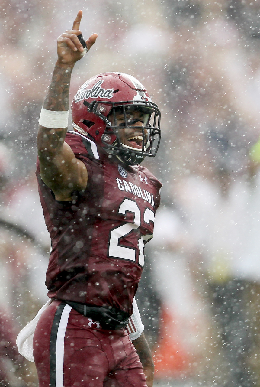South Carolina's Steven Montac celebrates after the Gamecocks recovered a Missouri fumble on a punt play during third-quarter action in Columbia, S.C. on Saturday, Oct. 6, 2018. (Travis Bell/SIDELINE CAROLINA)