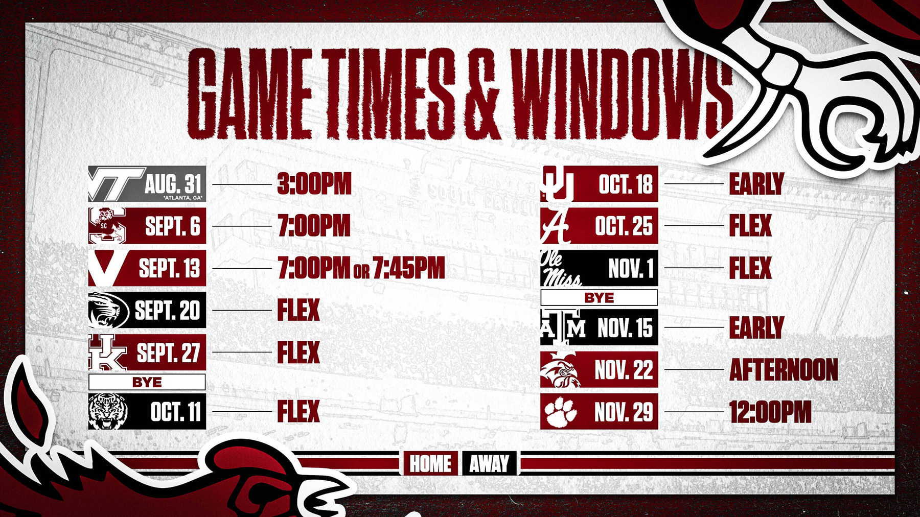 South Carolina 2025 Football Game Time Windows Set