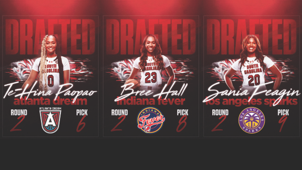 WNBA Drafted graphics for Te-Hina Paopao to Atlanta, Bree Hall to Indiana and Sania Feagin to the LA Sparks.