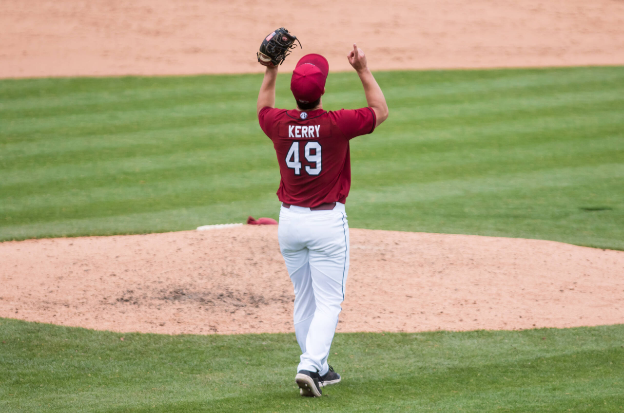 South Carolina Gamecocks pitcher Brett Kerry (49) celebrates closing out a sweep of the Florida Gators.