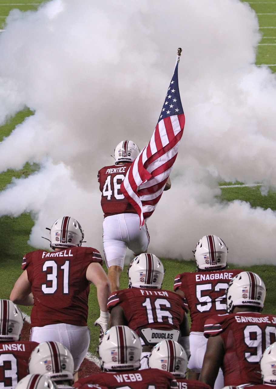 South Carolina fullback Adam Prentice (46) leads South Carolina onto the field before the Texas A&M game on Saturday Nov. 7, 2020 in Columbia, S.C. (Travis Bell/SIDELINE CAROLINA)
