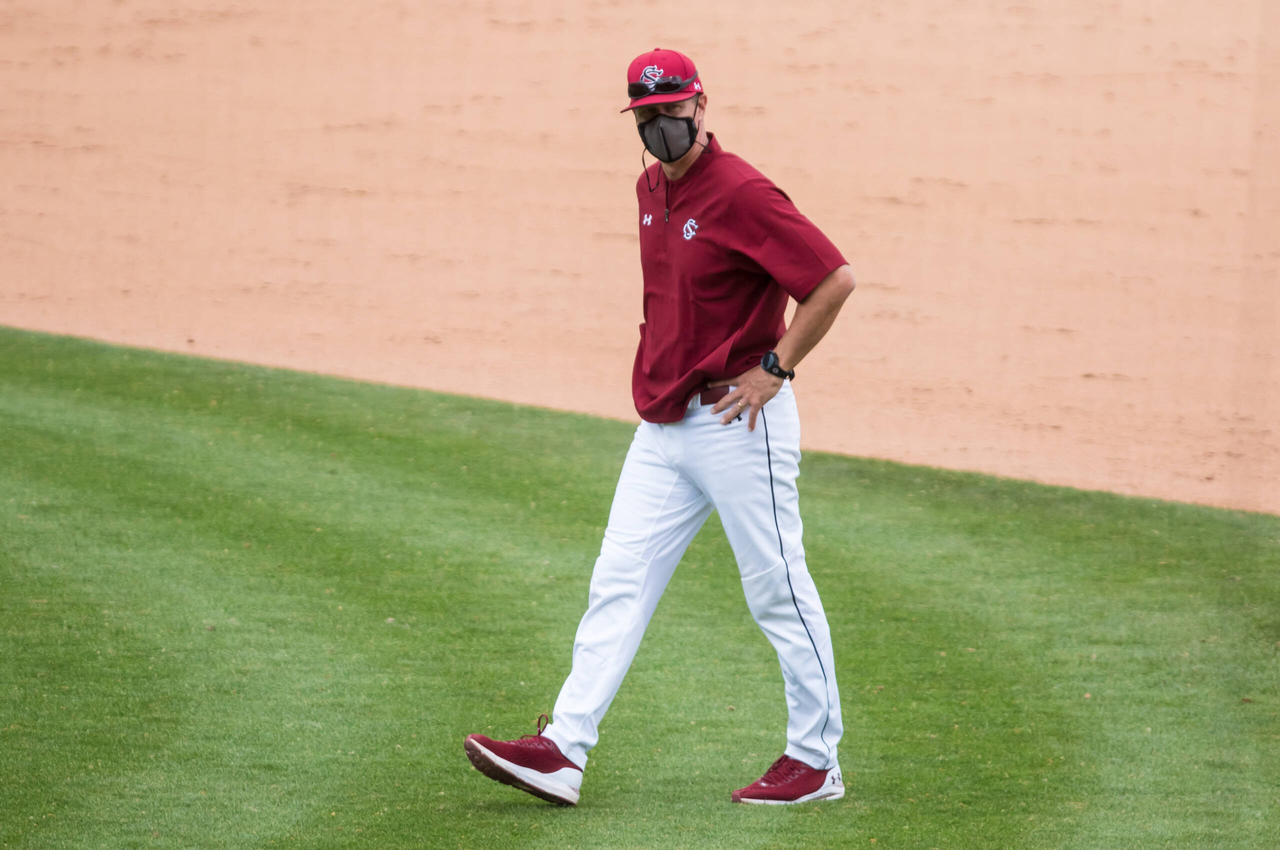 South Carolina Gamecocks head coach Mark Kingston celebrates a sweep of the Florida Gators.
