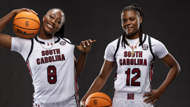 Joyce Edwards and MiLaysia Fulwiley, studio photos in white uniforms, 20024-25 season