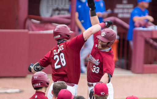 South Carolina Gamecocks outfielder Brady Allen (33) and South Carolina Gamecocks catcher Wes Clarke (28) celebrate Allenâ??s second home run of the game against the Florida Gators.