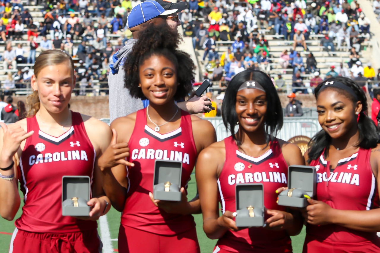 The Gamecocks celebrate their shuttle hurdle relay Championship of America at the 125th Penn Relays | Photo by Charles Revelle | April 26, 2019