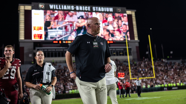 Head football athletics trainer Clint Haggard on the sidelines at Williams-Brice Stadium.