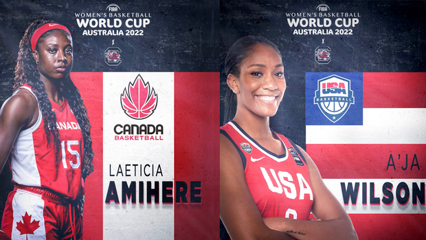 Laeticia Amihere, Canada; A'ja Wilson, USA; 2022 FIBA World Cup Graphic