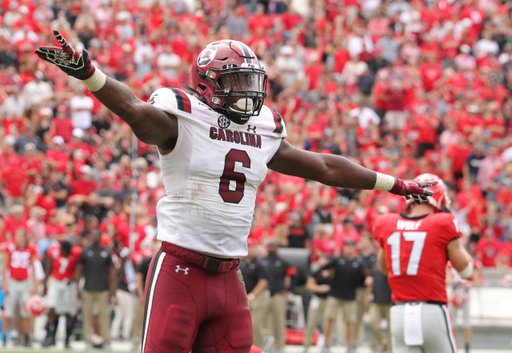 South Carolina linebacker T.J. Brunson celebrates after watching Georgia miss their field goal in double overtime in Athens, Ga. on Saturday, Oct. 12, 2019. (Travis Bell/SIDELINE CAROLINA)