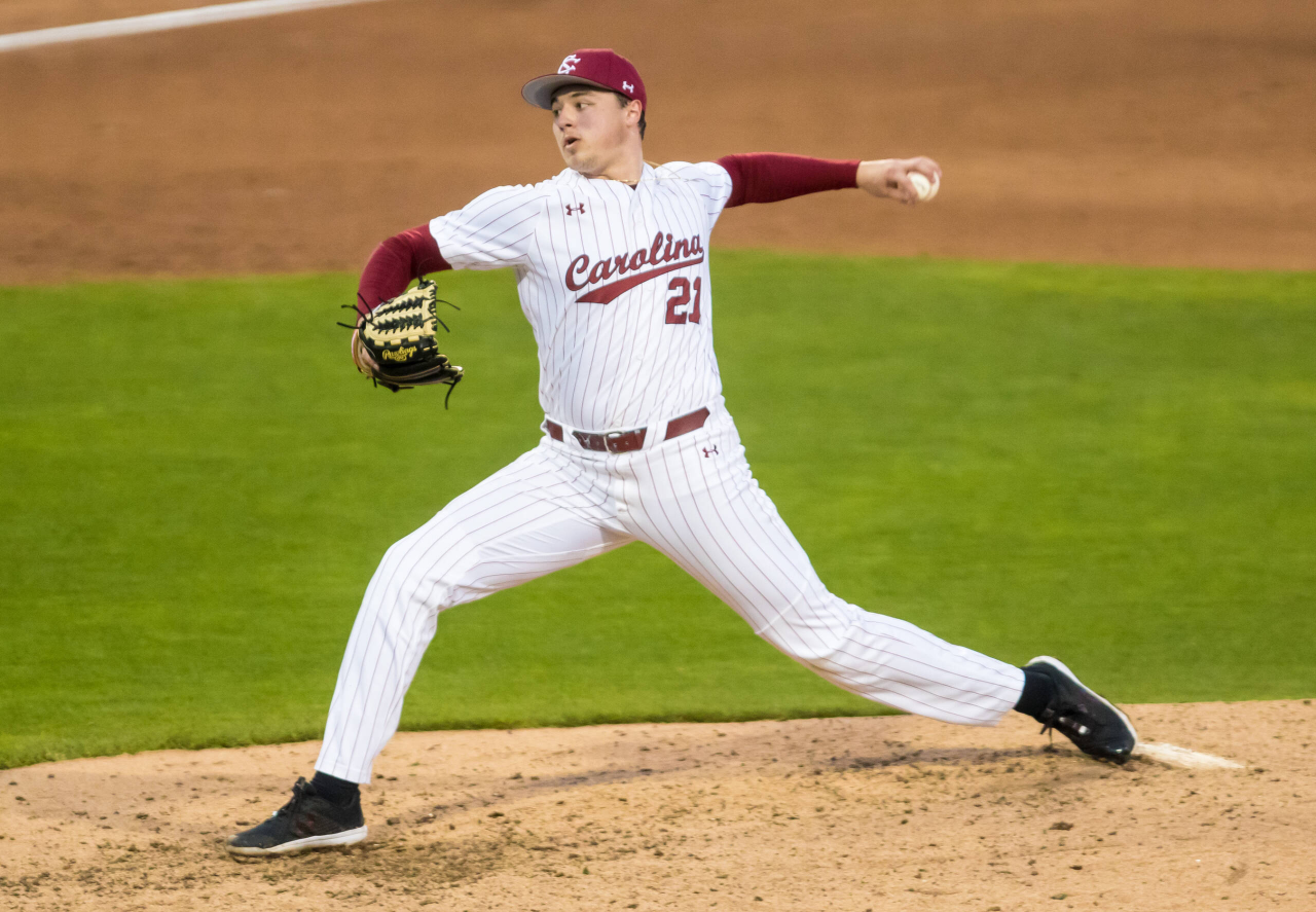 South Carolina Gamecocks Magdiel Cotto (21) pitches against the Dayton Flyers.

South Carolina vs. Dayton Baseball, Feb. 19, 2021, Founders Park, Columbia, SC.

Photo by Jeff Blake