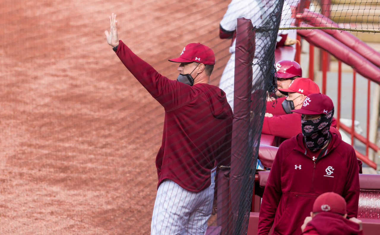 South Carolina Gamecocks head coach Mark Kingston directs his team before the game against the Dayton Flyers.

South Carolina vs. Dayton Baseball, Feb. 19, 2021, Founders Park, Columbia, SC.

Photo by Jeff Blake