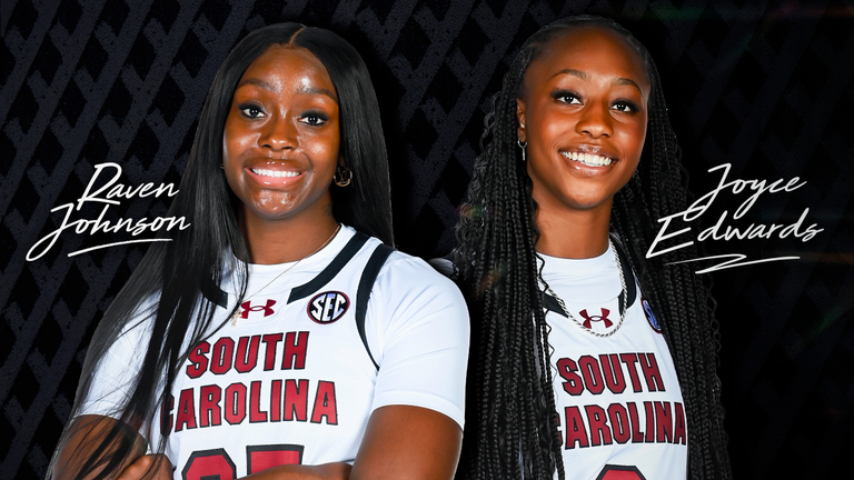 Raven Johnson and Joyce Edwards in white uniforms on a black background