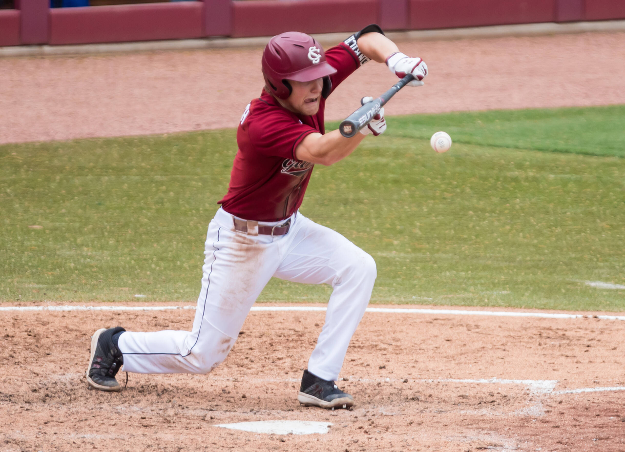 South Carolina Gamecocks South Carolina Gamecocks second baseman Jeff Heinrich (8) bunts against the Florida Gators.