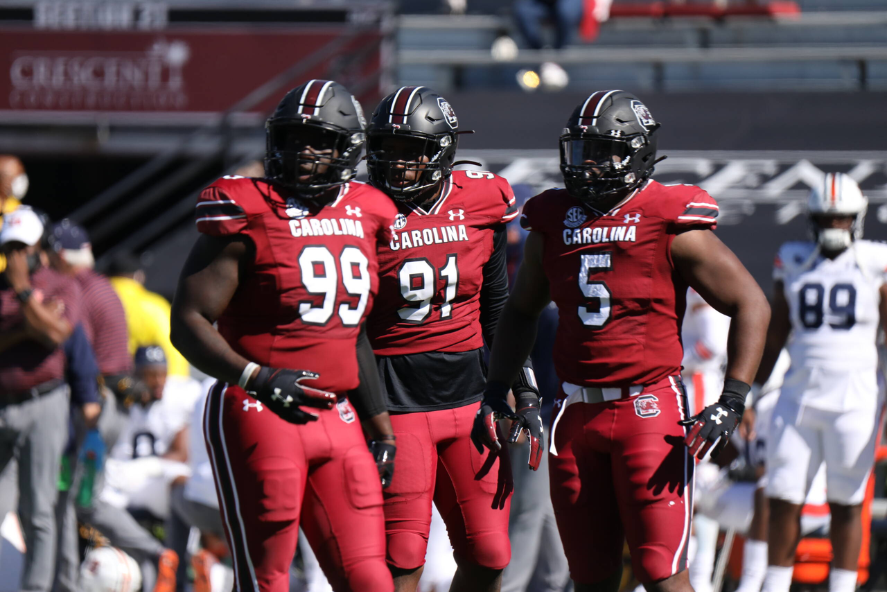 Jabari Ellis, Tonka Hemingway and Keir Thomas vs Auburn, 10/17/2020, Williams-Brice Stadium, Photos by South Carolina Athletics