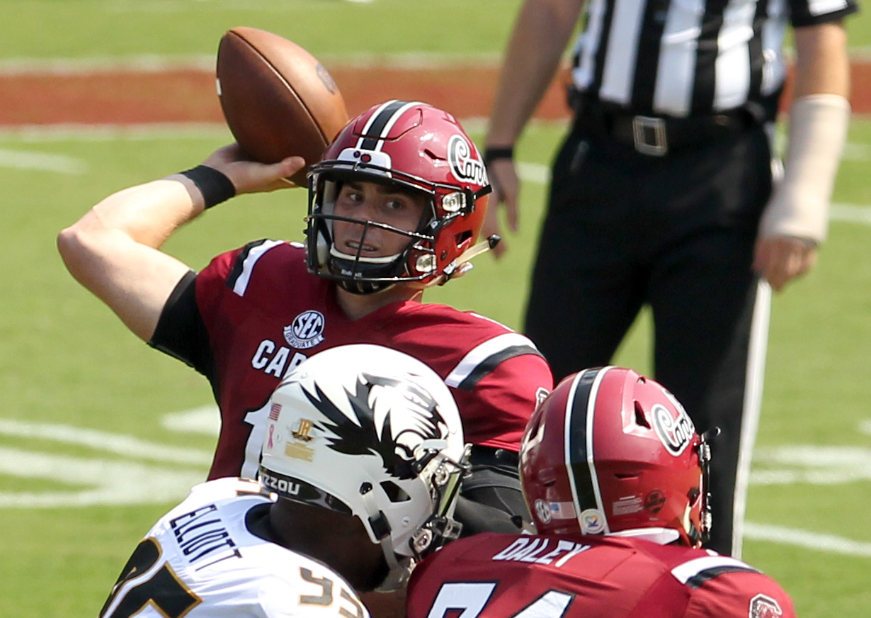 South Carolina's Michael Scarnecchia passes against Missouri during second-quarter action in Columbia, S.C. on Saturday, Oct. 6, 2018. (Travis Bell/SIDELINE CAROLINA)