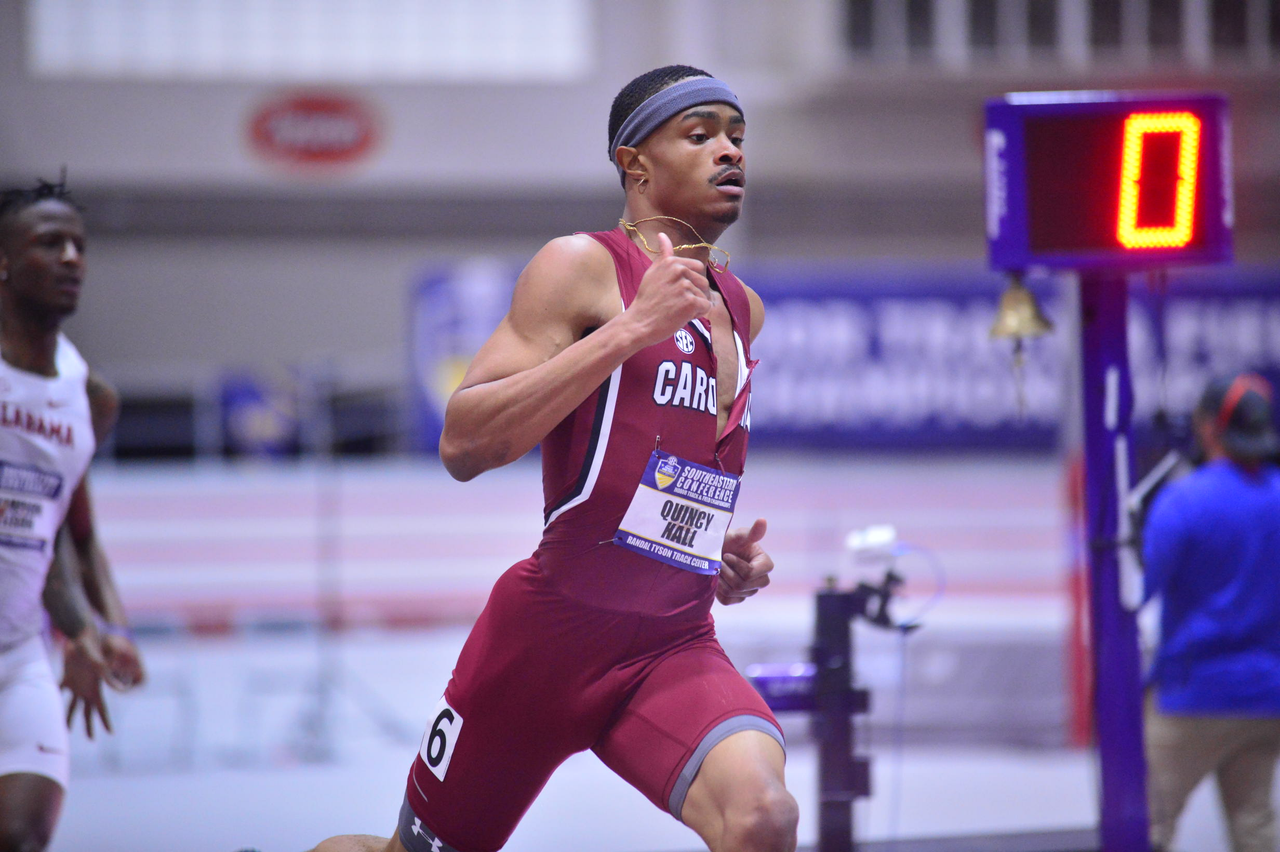 Quincy Hall in action at the SEC Championships | Feb. 22-23 | Photo by Gunnar Rathbun