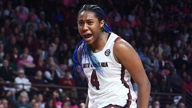 Aliyah Boston celebrates a big play vs. LSU, 2/12/23