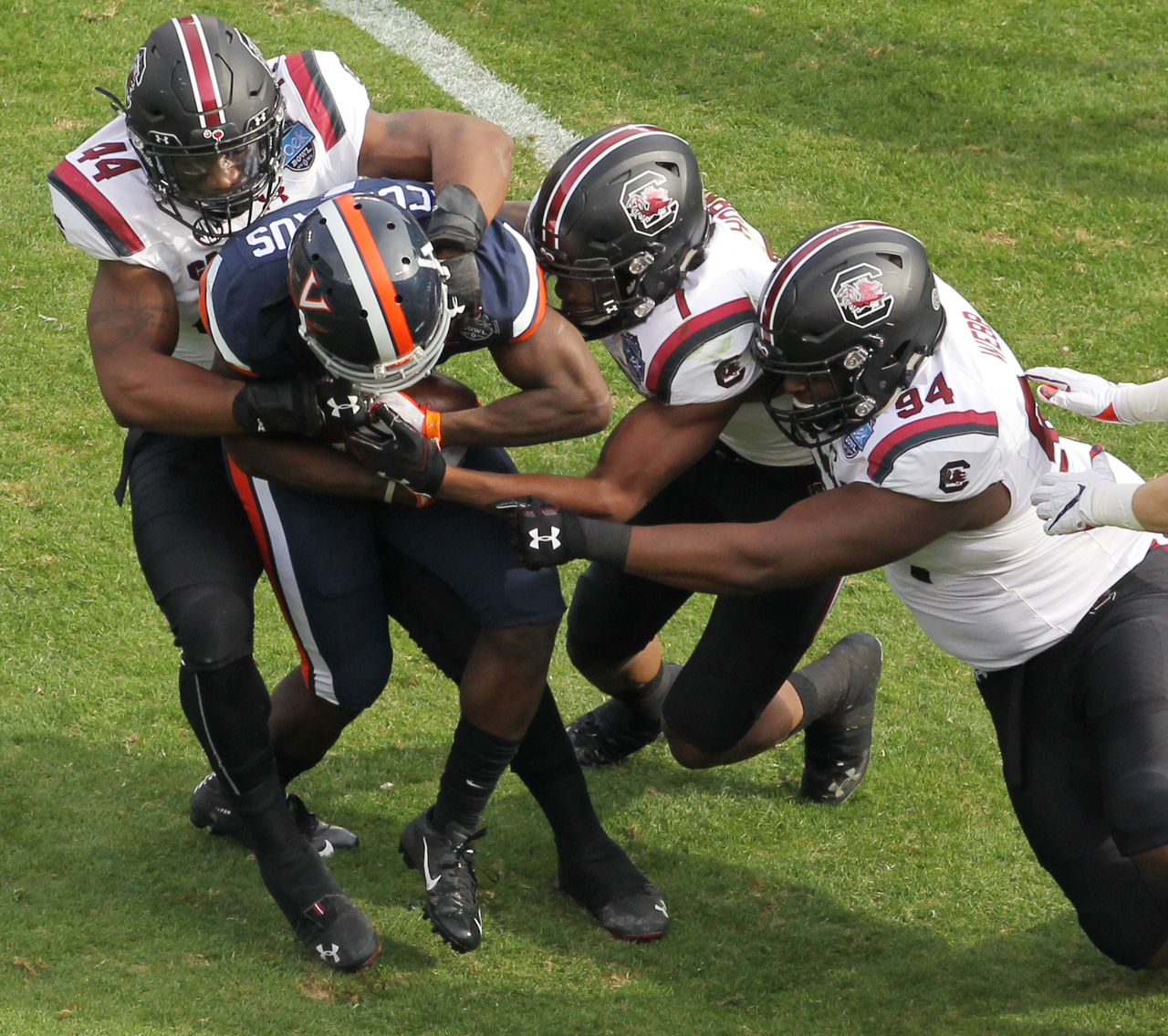 Sherrod Greene (44), Jaycee Horn (7), MJ Webb (94) vs. Virginia (Dec. 29, 2018)