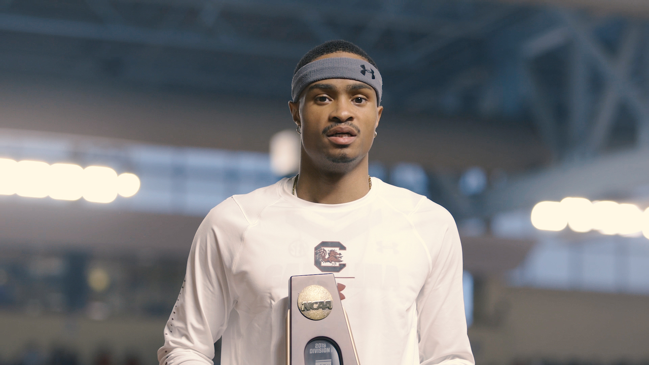 Quincy Hall celebrates a fourth-place finish at the 2019 NCAA Indoor Championships | March 9, 2019 | Photo by Shannon Murphy