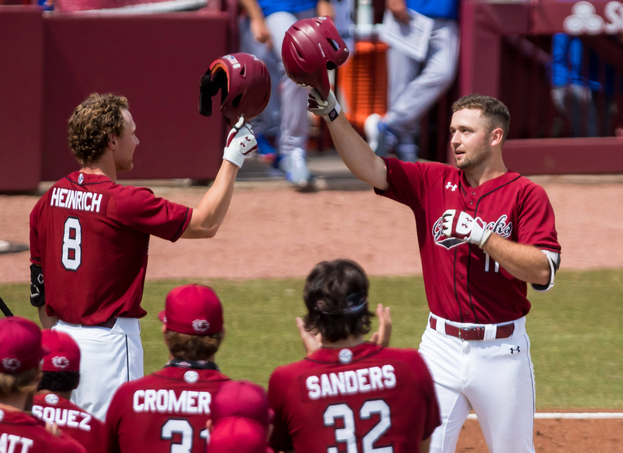 South Carolina Gamecocks outfielder Andrew Eyster (11) celebrates a home run against the Florida Gators.