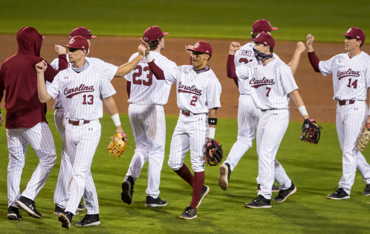South Carolina Gamecocks players celebrate after defeating the Dayton Flyers.

South Carolina vs. Dayton Baseball, Feb. 19, 2021, Founders Park, Columbia, SC.

Photo by Jeff Blake
