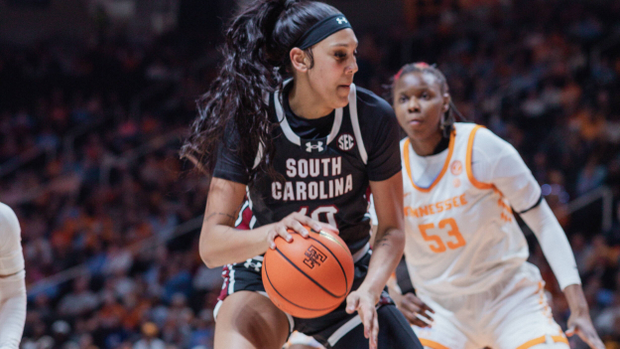 Kamilla Cardoso dribbles in the lane against a defender at Tennessee, 2/15/24