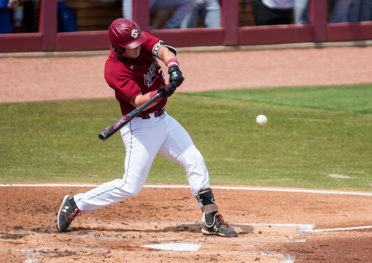 South Carolina Gamecocks catcher Wes Clarke (28) hits a solo home run in the second inning against the Florida Gators.