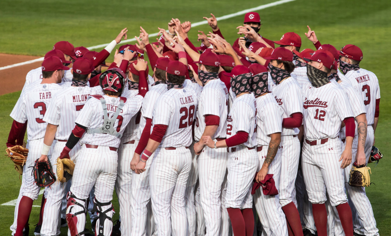South Carolina Gamecocks players huddle before the game against the South Carolina Gamecocks.

South Carolina vs. Dayton Baseball, Feb. 19, 2021, Founders Park, Columbia, SC.

Photo by Jeff Blake