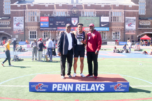 Isaiah Moore celebrates his 110mH championship at the 125th Penn Relays | Photo by Charles Revelle | April 27, 2019