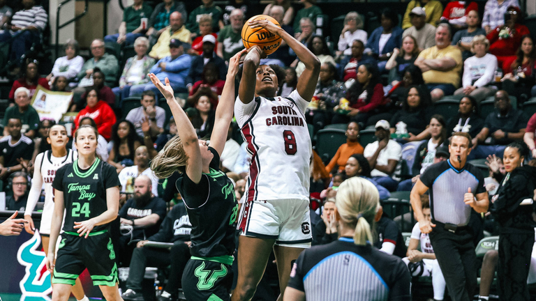 Joyce Edwards takes a baseline jumper over the outstretched arms of a USF defender.