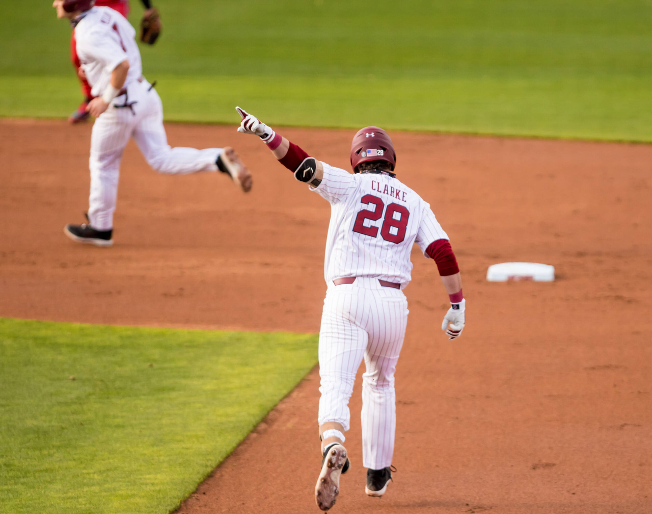 South Carolina Gamecocks Wes Clarke (28) celebrates his 3-run-homer during the first inning.

South Carolina vs. Dayton Baseball, Feb. 19, 2021, Founders Park, Columbia, SC.

Photo by Jeff Blake