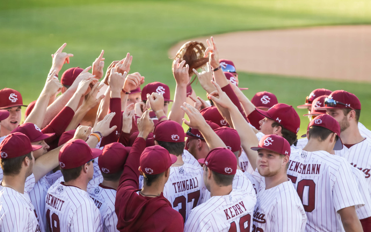 South Carolina Gamecocks players huddle before the game against the Arkansas Razorbacks.