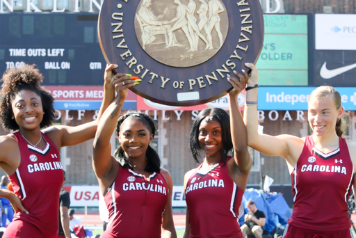 The Gamecocks celebrate their shuttle hurdle relay Championship of America at the 125th Penn Relays | Photo by Charles Revelle | April 26, 2019