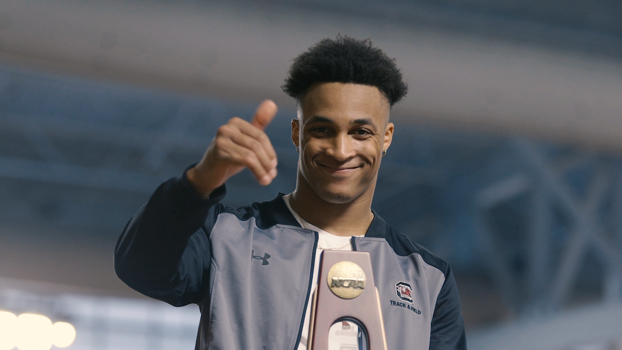 Isaiah Moore celebrates a first-team All-America finish in the 60mH at the 2019 NCAA Indoor Championships | March 9, 2019 | Photo by Shannon Murphy