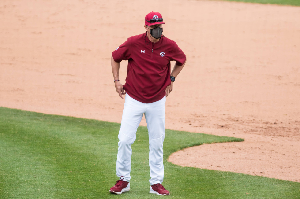 South Carolina Gamecocks head coach Mark Kingston celebrates a sweep of the Florida Gators.