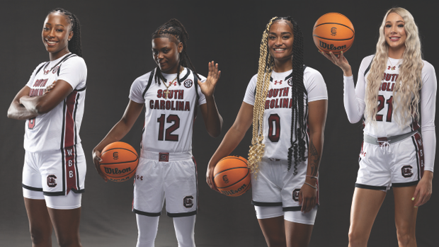 Studio photos of Joyce Edwards, MiLaysia Fulwiley, Te-Hina Paopao and Chloe Kitts in white uniforms on a dark background
